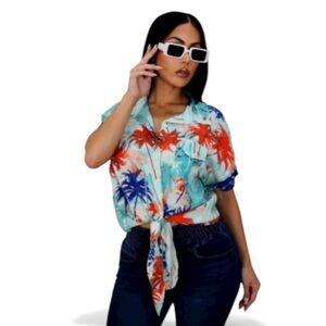 Passport Vibrant Palm Print Blouse - Red, Blue, White